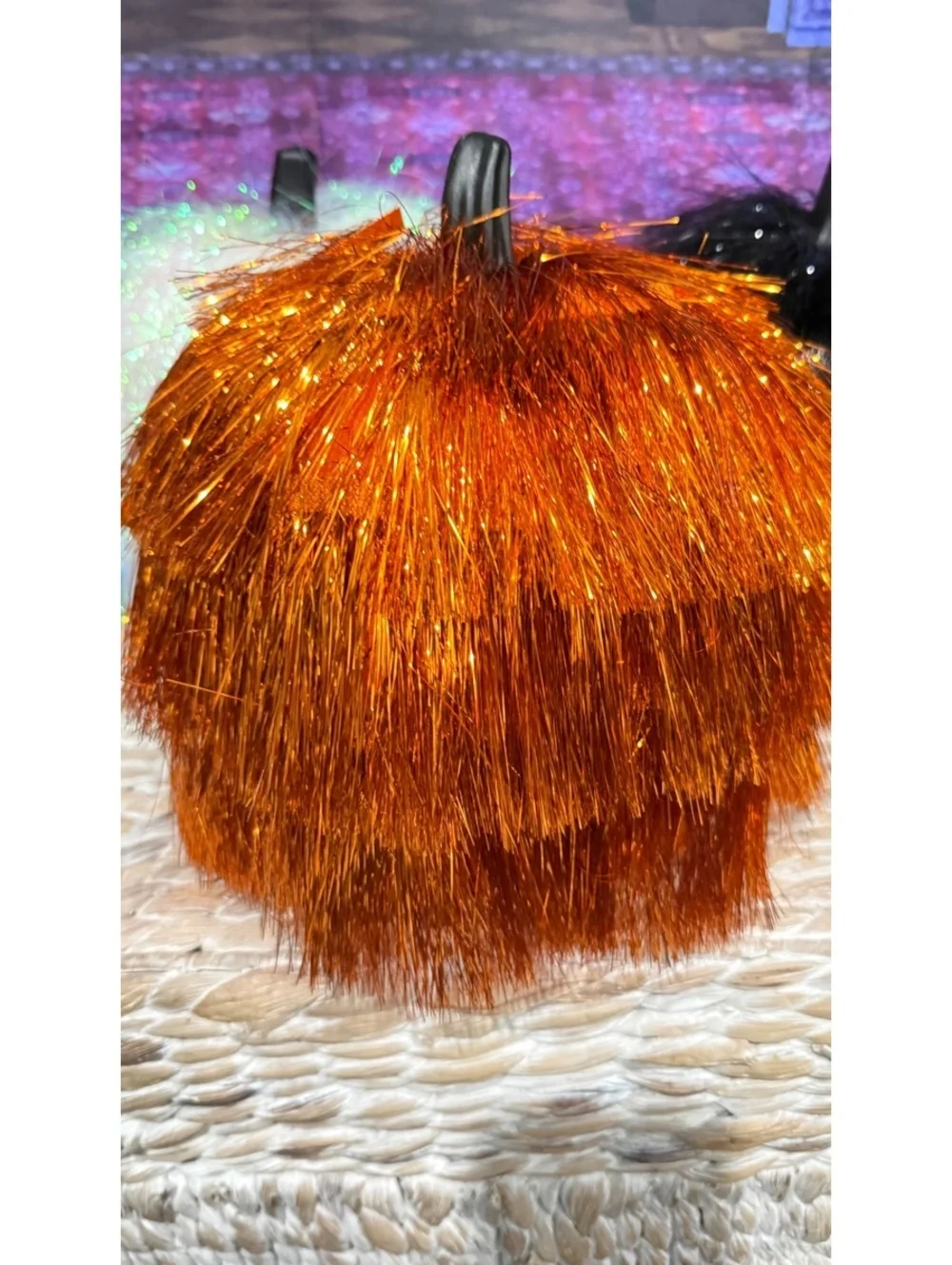 Fringe Tinsel Pumpkin Decor lot of 3 Orange, Black and Iridescent Hyde and Eek